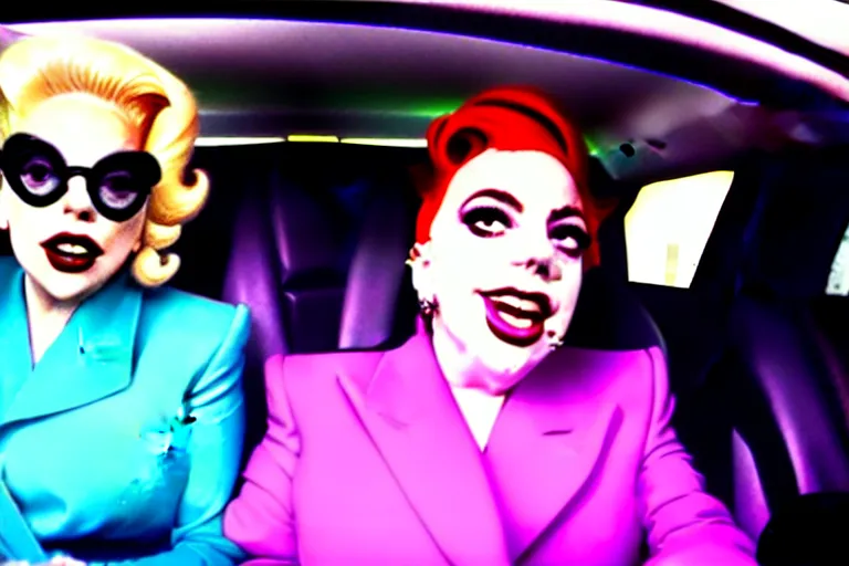 Image similar to lady gaga and judy garland doing carpool karaoke, lady gaga and judy garland, carpool karaoke, lady gaga, judy garland, carpool karaoke, youtube video screenshot, the late late show with james corden