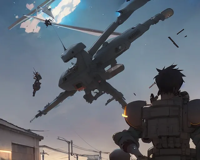 Image similar to Epic scene of a beautiful anime soldier standing in front of a cyborg repair shop, while a futuristic military helicopter flies overhead, by Greg Rutkowski and Krenz Cushart and Pan_Ren_Wei and Hongkun_st and Bo Chen and Enze Fu and WLOP and Alex Chow, Madhouse Inc., anime style, crepuscular rays, set in rainy futuristic cyberpunk Tokyo street, dapped light, dark fantasy, cgsociety, trending on artstation