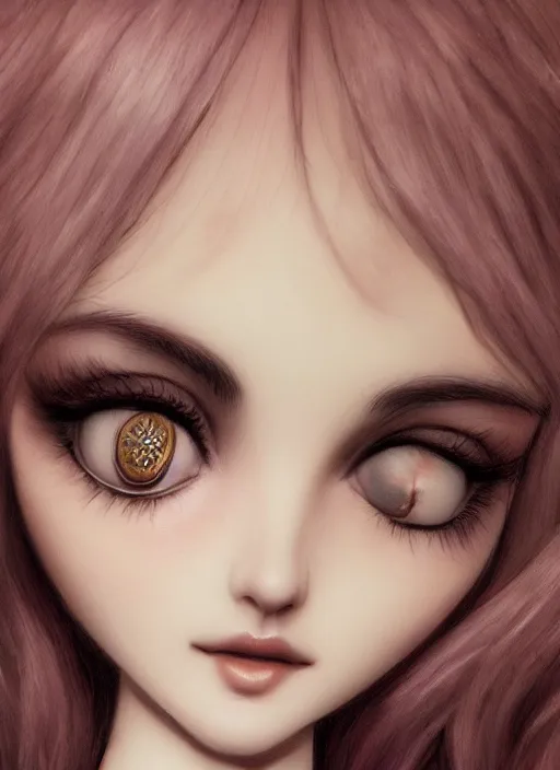 Image similar to closeup portrait a beautiful woman, moebius : 1 0, mark ryden : 5, popovy sisters : 1 0, intricate, hyperdetailed, bjd, trending on artstation : 3