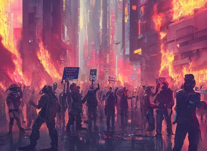 Prompt: cyberpunk protesters holding placards, detailed digital illustration by greg rutkowski, fire, android netrunner