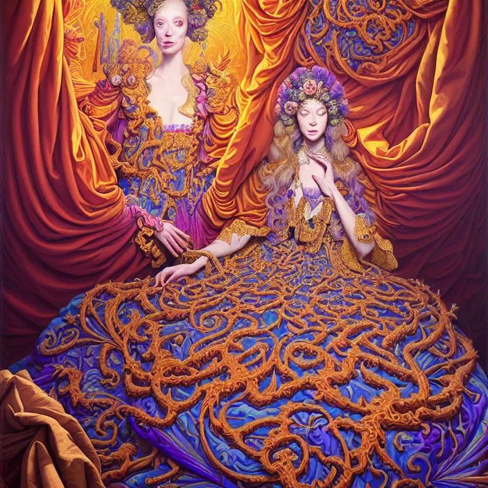 Image similar to beautiful oil painting, full length portrait of dauphinois in baroque coronation robes 1701, Dan Mumford, Dan Mumford, Alex grey, hyacinthe rigaurd, highly detailed , lsd visuals, dmt fractal patterns, hallucinogen, visionary art, psychedelic art, ornate, vaporwave, baroque, Greg rutkowski