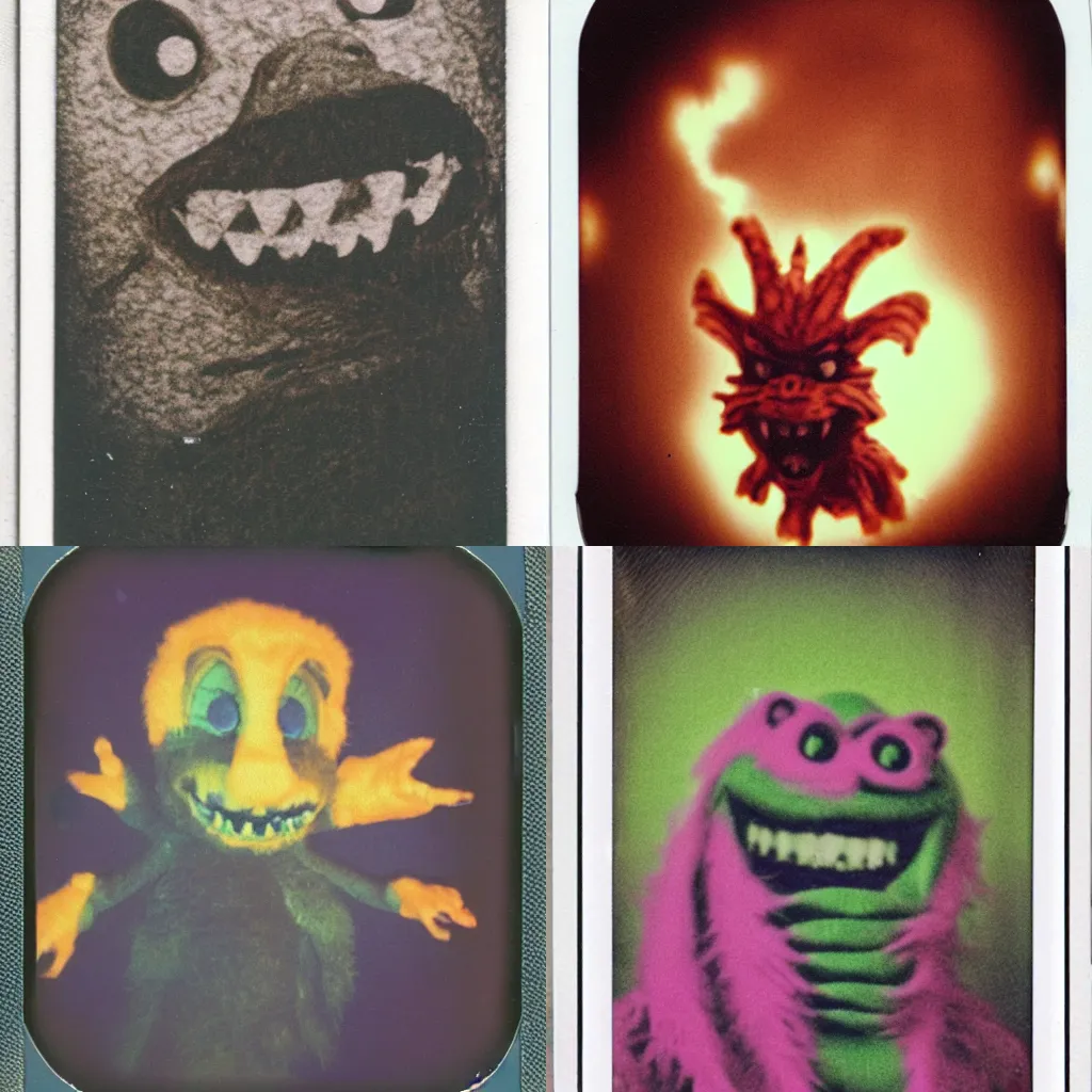 Prompt: instax polaroid film still of a barney creature with fangs and claws, faded glow, creepypasta