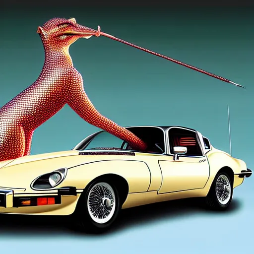 Prompt: a woman with short hair riding a 1 9 8 2 pontiac trans am, jaguar e - type, surreal, art by peter lloyd, 1 9 8 0's art, airbrush style, art by hajime sorayama,, intricate, elegant, sharp focus, illustration, highly detailed, h 8 0 0