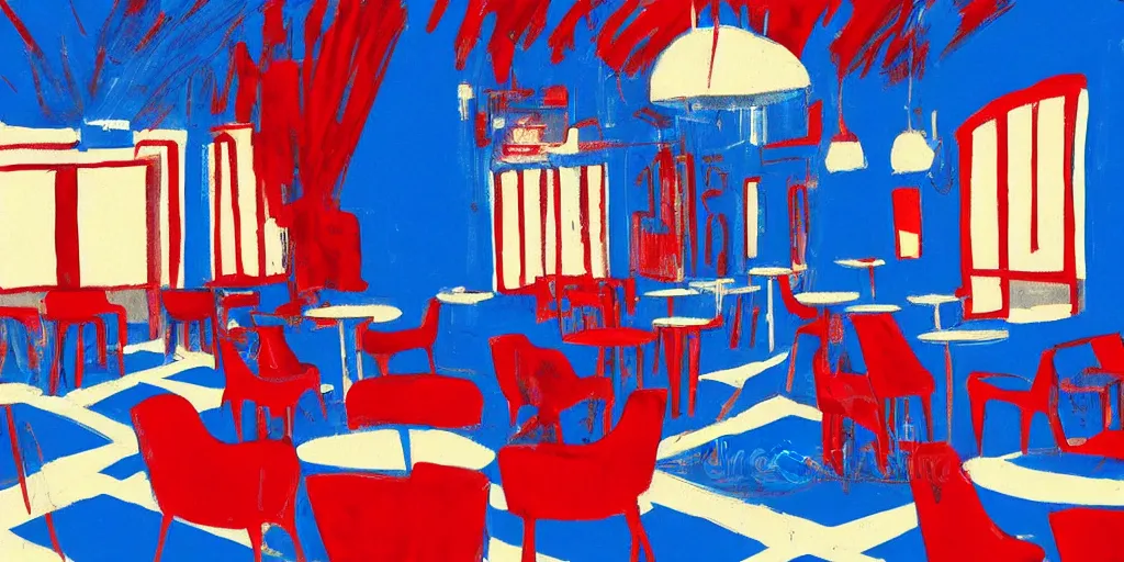 Image similar to cafe interior, blue and red tones, illustration