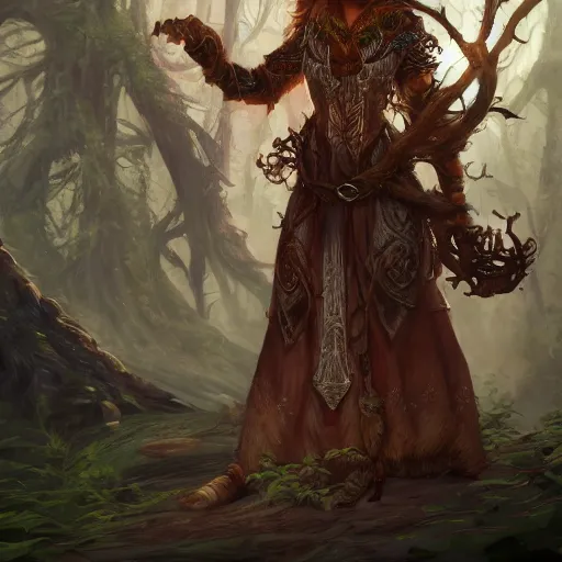Image similar to a woman tree druid with leaf themed clothing, fully clothed, D&D, fantasy, intricate, cinematic lighting, highly detailed, digital painting, artstation, concept art, smooth, sharp focus, illustration, art by Justin Gerard