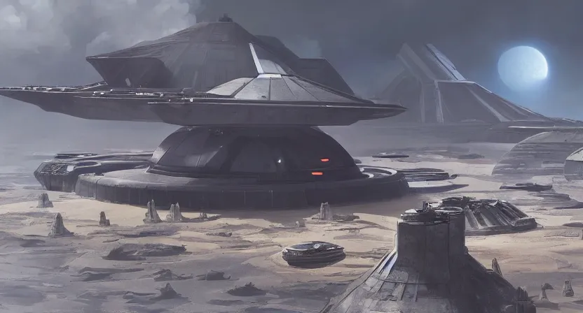 Image similar to the imperial base from Star Wars: Rogue One on Scarif placed on a volcanic planet concept art by Doug Chiang, cinematic,