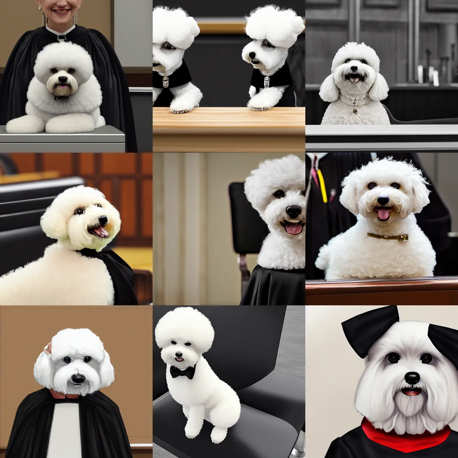 Prompt: a closeup photorealistic illustration of a smiling bichon frise judge wearing a black gown at the bench and commanding the courthouse. this 4 k hd image is trending on artstation, featured on behance, well - rendered, extra crisp, features intricate detail and the style of unreal engine.