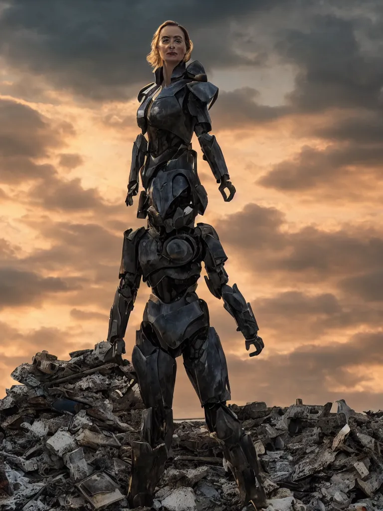 Image similar to emily blunt in futuristic power armor, solitary figure standing atop a pile of rubble, sunset and big clouds behind her