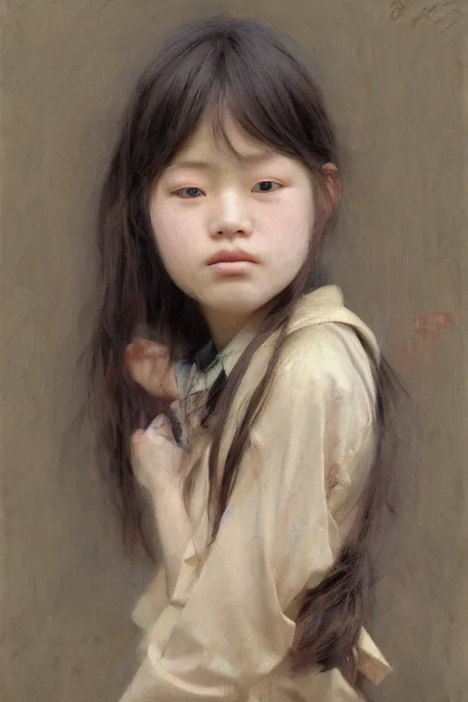 Image similar to japanese schoolgirl by Alyssa Monks, Gaston Bussiere. Bob hairstyle, school uniform, full body, urban dystopia, hyper realism, realistic proportions, artstation, concept art, smooth, sharp focus, illustration