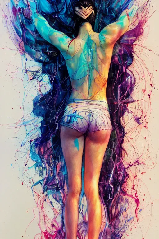 Image similar to gal gadot by agnes cecile enki bilal moebius, intricated details, 3 / 4 back view, full body portrait, extremely luminous bright design, pastel colours, drips, autumn lights