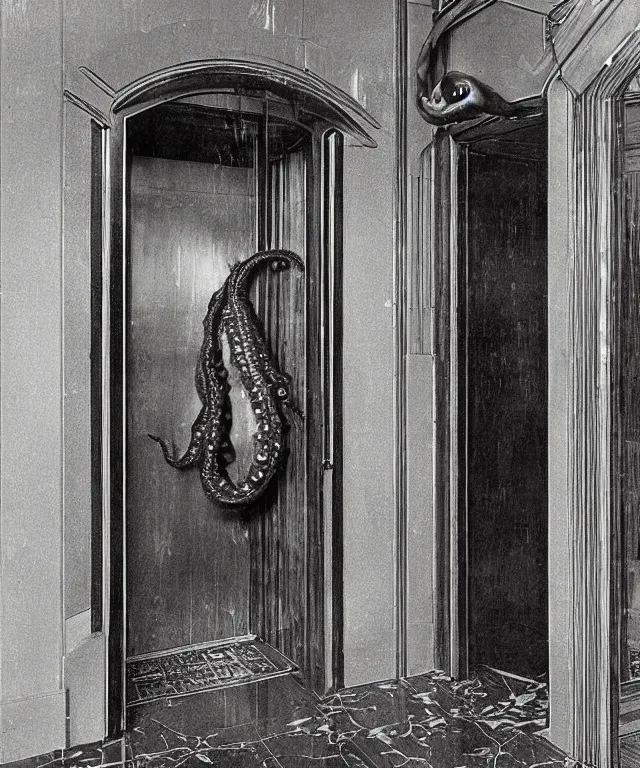 Image similar to horrifying photorealistic image of a 1 9 2 5 hotel elevator lobby, elevator doors look like a mouth, with a tentacle - shaped tongue, licking out, full color, dark, atmospheric, brooding, smooth, finely detailed, cinematic, epic, in the style of lee gibbons