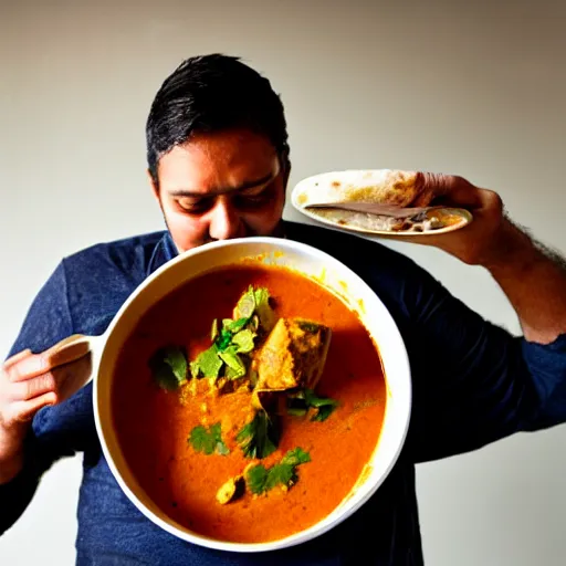 Image similar to photo of a man ecstatically eating a bowl of indian curry. weeping with joy, hands raised