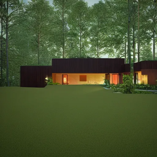 Prompt: contemporary house in the forest, lights inside, foliage, square pool, textures, detailed, big tree realistic