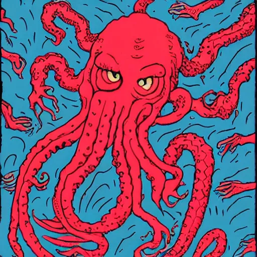 Image similar to Cthulhu lost inside the red room from Twin Peaks while David Lynch laughs in the background, mike judge art style, 90s mtv illustration W- 1920