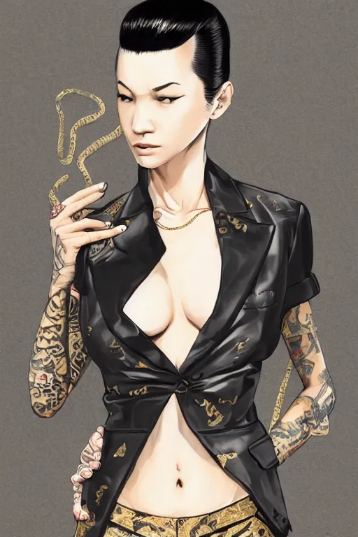 Image similar to yakuza slim girl, gold suit jacket in snake print, jacket over bare torso, yakuza tattoo on body, black short curtain haircut, black leather pants with black belt, portrait, elegant, 2d, ultra highly detailed, digital painting, smooth, sharp focus, artstation, art by Ilya Kuvshinov, rossdraws