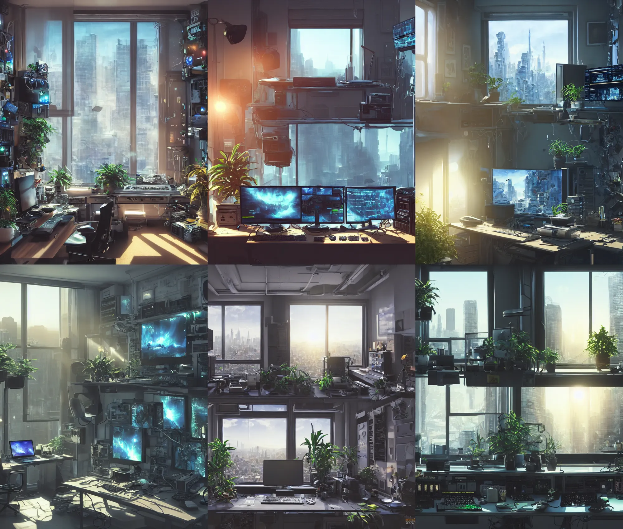 Prompt: detailed scifi artstation scene of a complex computer workstation in a small studio apartment room, single potted plant, many monitors, many electronics, a window view of the city, maximalism, volumetric light, sunny amber morning light, sun beam, cinematic composition, unreal engine, hyperrealism, realistic shading, blender render, photorealistic, wide shot