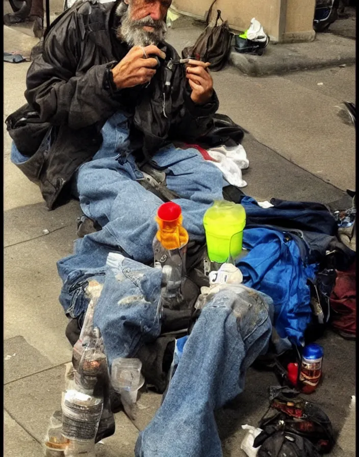 Prompt: phone photo of a homeless man showing off a crack pipes, bad quality, phone photo, leaked photo, paparazzi photo, realistic, 720p