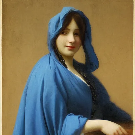 Image similar to a young woman’s face, her hair is white and she wears a flowing cobalt blue cloak, by ivan aivazovsky and pieter claesz and paul delaroche and alma tadema and august malmstrom and and willen claesz heda and aelbert cuyp and gerard ter borch, contrapposto, hyperrealistic, volumetric light, rendered in octane, c4d