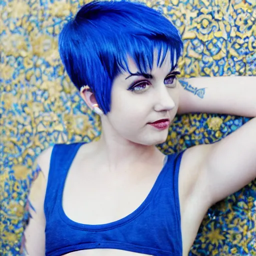 Image similar to photo of young cute punk woman with blue pixie cut posing, hyper detailed