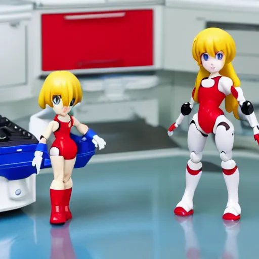 Image similar to photo of figma figures in a diorama : : roll is repairing computers in dr. light's laboratory. roll is a cute female ball - jointed robot ( in the style of mega man ) who has blonde hair with bangs and a ponytail tied with a green ribbon. she is wearing a red one - piece dress with a white collar, and red boots.