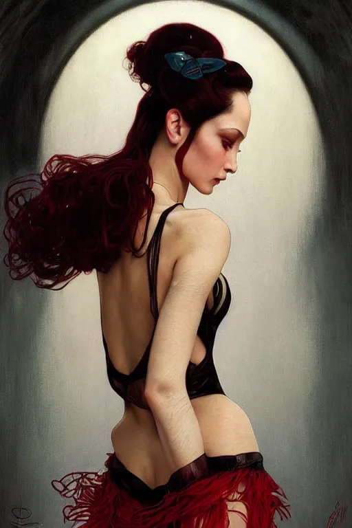 Image similar to a beautiful portrait of prima ballerina with long black and deep red colored hair dressed as a 1 9 6 0 s go - go dancer, intricate, elegant, highly detailed, digital painting, artstation, concept art, symmetrical face, matte, sharp focus, illustration, art by greg rutkowski and alphonse mucha