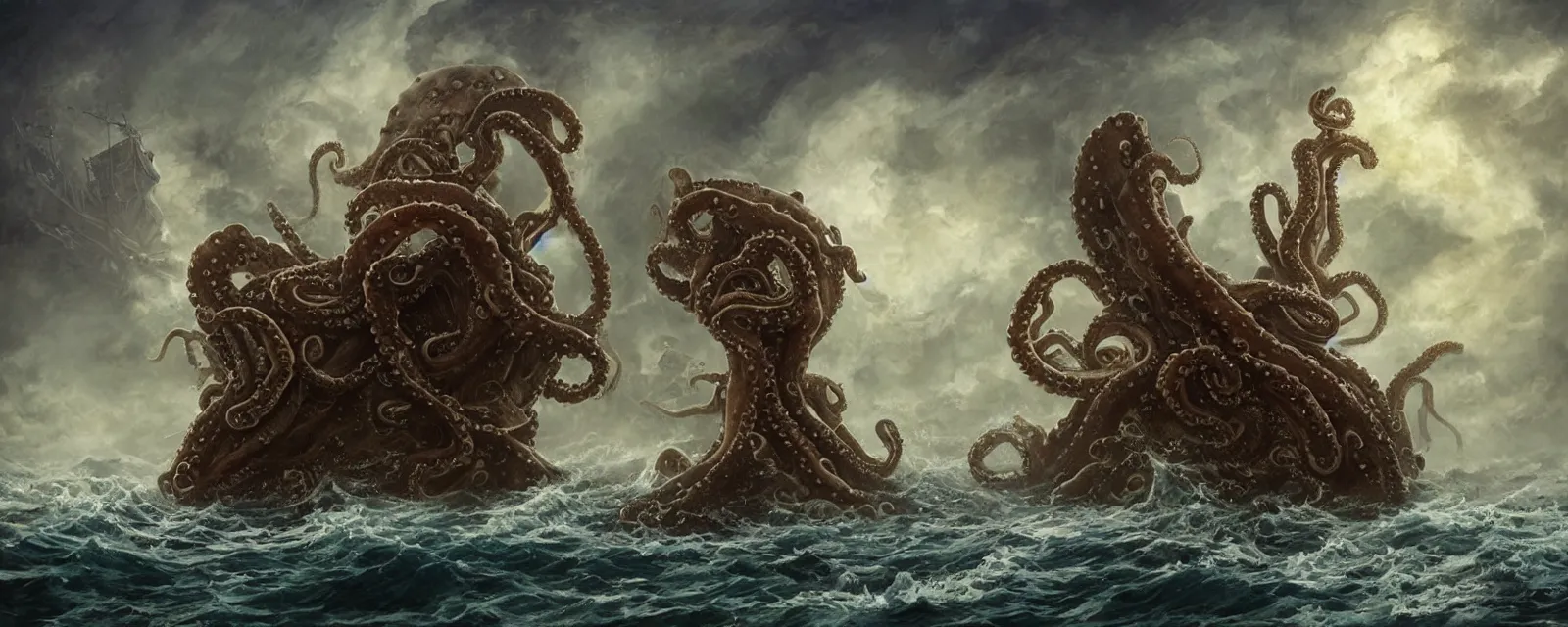Prompt: a giant octopus is devouring a pirate ship in the wild sea, wide lens, cinematic, mist, waves, great waterfall, Eddie mendoza, ghibli, Vladimir Kush, Michael Whelan, Kay Sage, Julie Bell, Jane Graverol, Peter Mohrbacher, Ralph Bakshi, Detailed Digital Art, Airbrush, Art Nouveau, Intricate, Clear, Looming, Epic, Depth, Multi-dimensional Latent Space, Volumetric Lighting, A beautifully strange photoillustration of thunder lightning and waves, a Spanish Galleon Breaking the storm waves, by Benoit B. Mandelbrot, Gustave Dore, Martin Johnson Heade, Lee Madgwick, and Caspar David Friedrich, Sci-fi fantasy mystical ocean waves thunderstorm lightning, the Spanish Galleon in the grip of the storm, realistic painting, classical painting, high definition, digital art, matte painting, very detailed, realistic, Unreal Engine, octane render, vray, 4k, super wide angle
