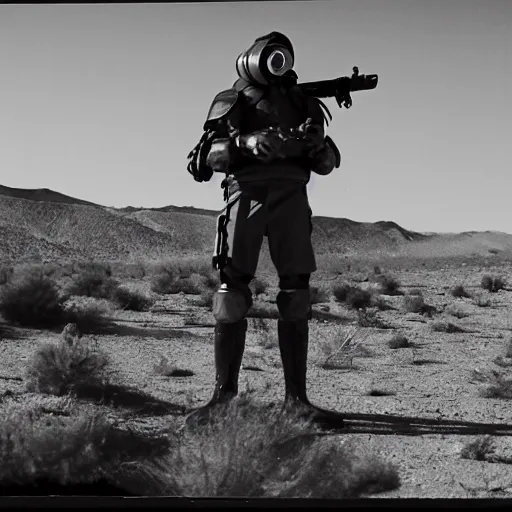 Image similar to a heavily armored man wearing a gasmask, in the desert, film still, panavision panaflex