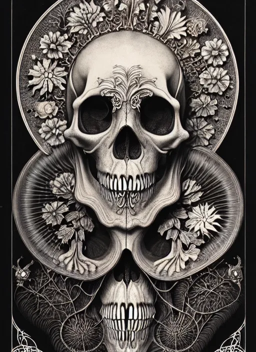 Image similar to art forms of nature by ernst haeckel, memento mori by arthur rackham, ornate antique porcelain beautiful skull mask, ultrasharp, photorealistic, hyperdetailed, octane render, polished, art nouveau, neo - gothic, gothic, intricate ornamental organic filigree, art nouveau botanicals, art forms of nature by ernst haeckel, horizontal symmetry, symbolist, visionary