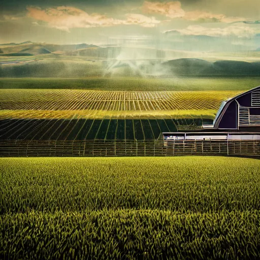 Image similar to futuristic farm ultrarealistic 150mpx landscape photography photorealistic 8k