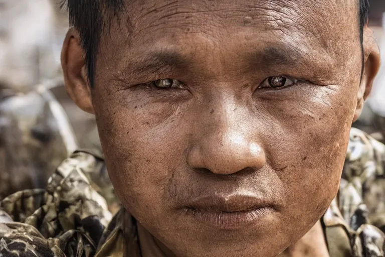 Image similar to close - up photo of smart khmer warlord in a battle scene, detailed eyes, shallow depth of field, photorealistic, cinematic lighting, lovely bokeh, warm colours, dusk