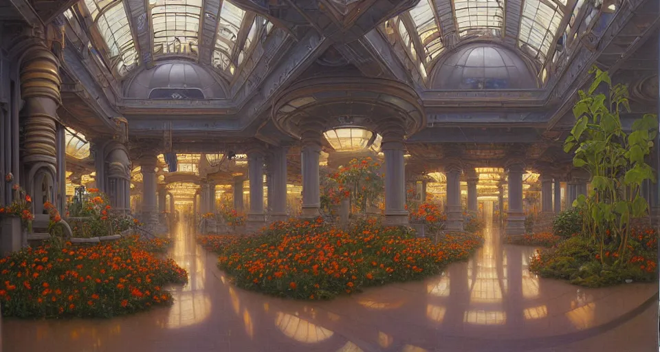 Image similar to a minimalist oil painting by donato giancola and james gurney vaulted ceilings, warm coloured, cinematic scifi luxurious futuristic foggy steam filled garden circular shopping mall interior with microscopy giant windows flowers growing out of pretty bulbous ceramic fountains, gigantic pillars and flowers, maschinen krieger, beeple, star trek, star wars