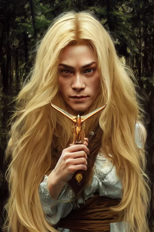 Image similar to beautiful cottagecore jean claude van dam holding nunchuks, blonde Hair, dark forest, intricate, elegant, highly detailed, digital painting, artstation, concept art, smooth, sharp, focus, illustration, art by artgerm and greg rutkowski and alphonse mucha