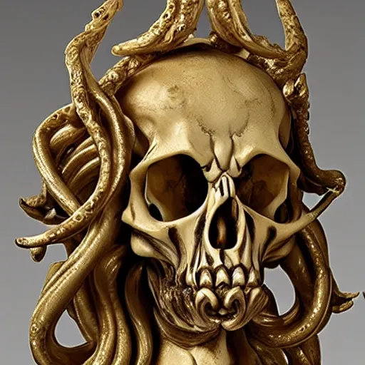 Prompt: Baroque intricately detailed marble cthulhu skull sculpture, with rococo gold details, sculpted by Bernini