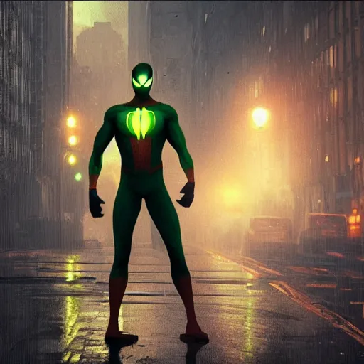 Image similar to moody atmospheric render of an orange and green spiderman by greg rutkowski and marc silvestri made with unreal engine