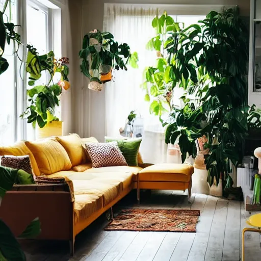 Image similar to An IKEA catalog photograph of a cozy, warm living room, bathed in golden light, with many tropical plants and eclectic furniture, a figure rests on an old couch, highly relaxed, sunday afternoon, living the good life, at peace, golden ratio