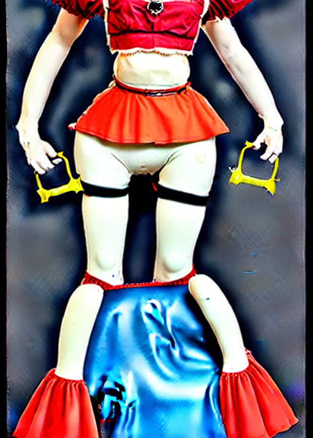 Prompt: a 2022 fashion illustration of a Dutch milkmaid costume with a cowbell choker and exposed midriff. silicone prosthetic cow udder fx makeup on midriff. drag queen, campy. Cow costume with udders.