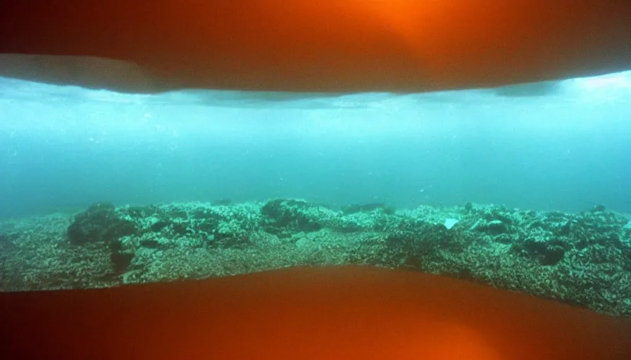 Image similar to Big budget horror movie, underwater exterior wide shot, a submarine approaches an underwater biolab