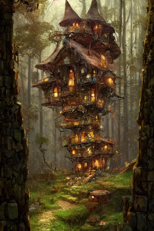 Image similar to a storybook style ramshackle multistory fairytale hut in the forest, by Marc Simonetti, intricate, elegant, fantasy, highly detailed, digital painting, concept art, sharp focus, artstation