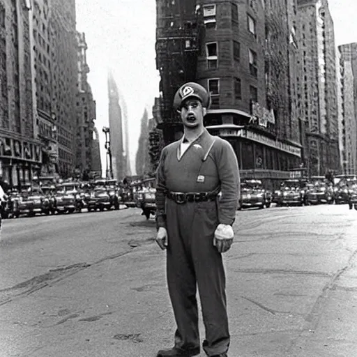 Prompt: super Mario standing in the streets of 1940s new york