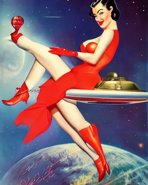 Prompt: retrofuturistic pinup model dita von teese as a varga girl posing on a space ship, in the style of anna dittmann and gil elvgren and alberto vargas.