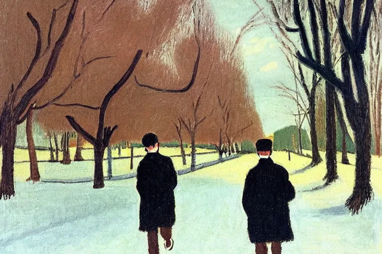 Image similar to a very tall man named John with dark hair holding the hands of a short young boy named Alex with dark hair as they walk in a park on a bright beautiful winter day. part in the style of an edgar degas painting. part in the style of david hockney