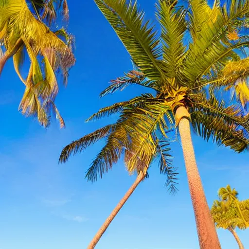 Prompt: corkscrew palm trees clear blue sky, flying