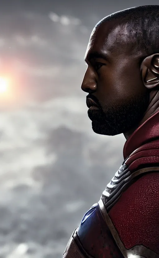 Image similar to Portrait of Kanye West as ((Captain America)) in Skyrim, splash art, movie still, cinematic lighting, dramatic, octane render, long lens, shallow depth of field, bokeh, anamorphic lens flare, 8k, hyper detailed, 35mm film grain