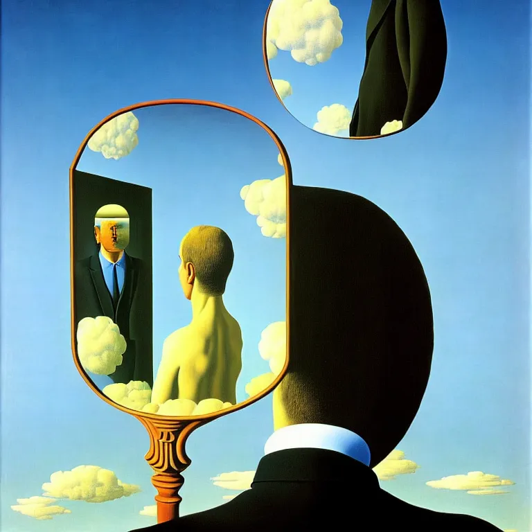 Image similar to a man looks into his own reflection and sees nothing, by rene magritte and salvador dali, surreal, oil on canvas, hyper detailed, vivid