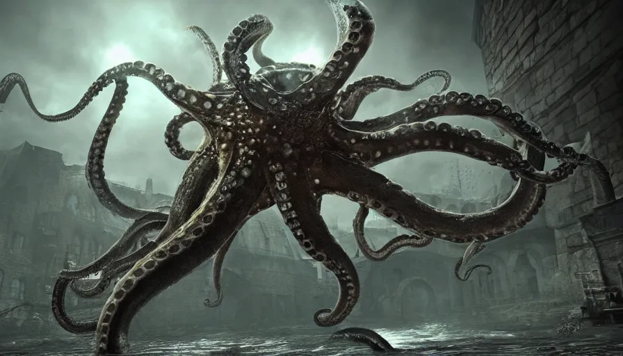 Image similar to Octopus monster, Dark Souls screenshot, boss fight, epic composition, grainy, gritty, concept art, 8K, highly detailed