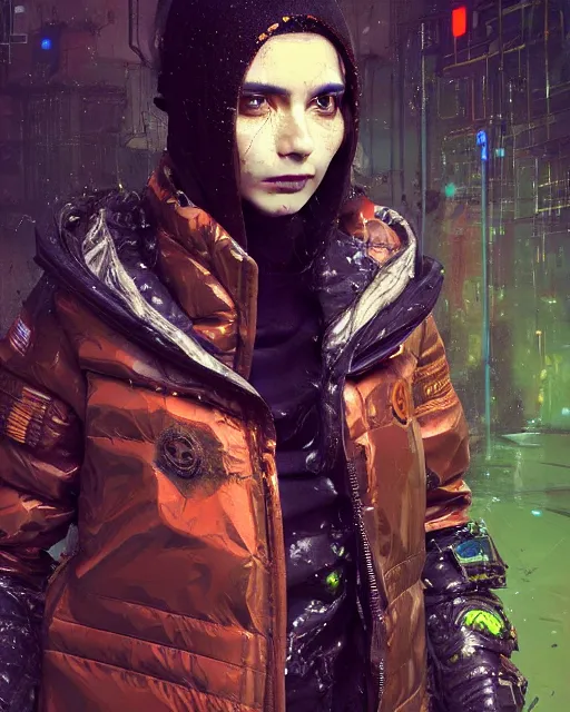Image similar to detailed portrait Neon guard woman with very short brown hair seen from the back, cyberpunk futuristic, reflective puffer jacket, black leggings, decorated with traditional ornaments by Ismail inceoglu dragan bibin hans thoma, Perfect face, fine details, realistic shaded, fine-face, pretty face