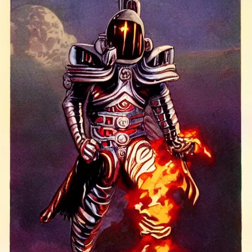 Image similar to Ace Frehley (KISS) as the Spaceman, a high fantasy medieval warrior, high quality, character art, concept art, by Jeffrey Catherine Jones, Michael Whelan and Angus McBride.