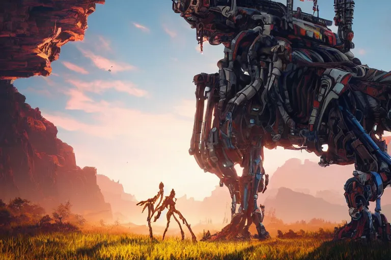 Image similar to tallneck machine mecanical creature robot of horizon forbidden west horizon zero dawn radiating a glowing aura global illumination ray tracing hdr fanart arstation by ian pesty and alena aenami artworks in 4 k