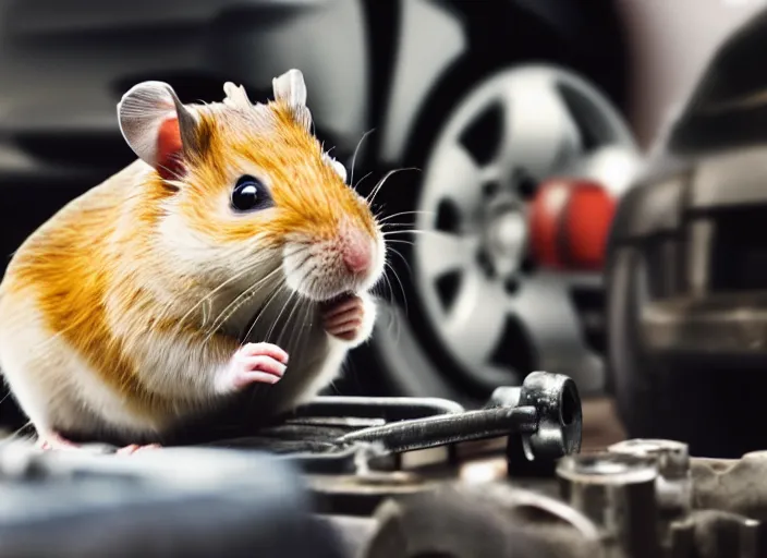 Image similar to film still of a hamster working as a mechanic in an auto shop, 8 k