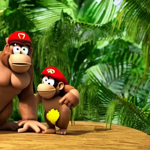 Image similar to Donkey Kong and Diddy Kong surrounded by tropical trees and barrels, 3D render, detailed clay model